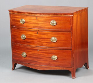 A 19th Century mahogany bow front chest of 3 long drawers with brass plate drop handles, raised on splayed bracket feet  83cm h x 93cm w x 55cm d 