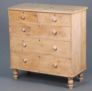 A 19th Century stripped pine chest of 2 short and 3 long drawers, raised on turned supports 96cm h x 96cm w x 46cm d 