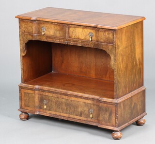 A Queen Anne style crossbanded walnut open side cabinet/bookcase, fitted 2  drawers above brushing slide and recess, the base fitted a drawer, raised on bun feet 77cm h x 84cm w x 39cm d  
