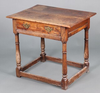 An 18th Century bleached oak side table fitted a frieze drawer, raised on turned supports 67cm h x 76cm w x 56cm d 