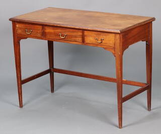 A 19th Century bleached mahogany side table fitted 3 short drawers with replacement handles, raised on square tapered supports with box framed stretcher 75cm h x 103cm w x 52cm d 