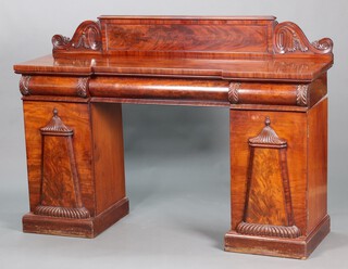 A William IV inverted breakfront mahogany pedestal sideboard fitted 1 long and 2 short drawers, 1 pedestal fitted a cellarette drawer, the other a drawer and 2 trays 116cm h x 167cm w x 48cm d 