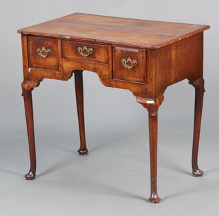 A Queen Anne feather banded walnut side table fitted 1 long and 2 short drawers with brass swan neck drop handles, raised on cabriole supports 71cm h x 75cm w x 48cm d 