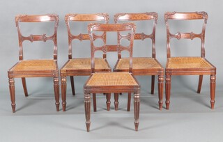 A set of 5 William IV carved and inlaid rosewood bar back dining chairs with shaped mid rails and woven cane seats, raised on turned and reeded supports 83cm h x 46cm w x 42cm d  