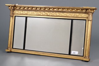 A Regency style triple bevelled plate over mantel mirror contained in a gilt ball studded frame supported by 2 reeded columns 66cm x 129cm x 11cm 