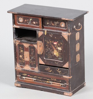 A 19th Century Japanese lacquered and inlaid writing cabinet with fitted interior and stationery rack, enclosed by sliding panels doors 36cm h x 33cm w x 15cm d 