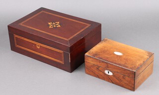 A 19th Century rectangular inlaid mahogany trinket box with hinged lid, the interior with divided tray 12cm h x 33cm w x 23cm d (missing lock, veneer lifting to side) together with a Victorian rectangular inlaid rosewood and mother of pearl trinket box with hinged lid fitted a tray 9cm h x 22cm w x 15cm d (missing small sections of veneer in places) 