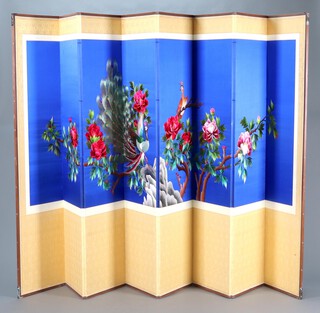 A 20th Century 8 fold Chinese embroidered dressing screen decorated fabulous birds amongst flowering branches 190cm h x 368cm w when unfolded 