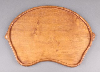 Robert "Mouseman" Thompson of Kilburn, a kidney shaped twin handled tea tray the handles in the form of mice 47cm w x 31cm d 
