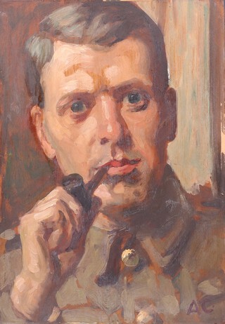 Alfred Egerton Cooper R.B.A. (British, 1883-1974) -  Half Length Portrait of Barnes Wallis in Army Uniform smoking a Pipe, oil on canvas, signed with initials, 32cm h  x 23cm w. Provenance: Sir Barnes Wallis thence by descent. Note: this work was most likely painted in 1915, while Cooper and Wallis were serving in the Artist Rifles.