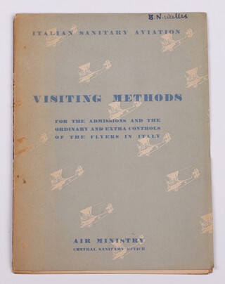 A 1930's pamphlet - Visiting Methods for the Admissions and the Ordinary and Extra Control of Flyers in Italy. 16pp. (B.N. Wallis written to loose cover), containing a loose plan of the Benito Mussolini Medical Institute and photographs of equipment used to test Civil and Military pilots of suitability for flight 
