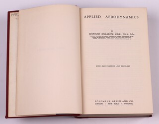 BAIRSTOW, Leonard.  Applied Aerodynamics.  London: Longmans, Green and Co. 8vo, 808pp. Orginal red cloth, gilt lettered spine.  Fading to spine and cover, rubbing to corners and edges of spine.  Second Edition.  Initialled B.N.W. 1939
