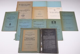 A collection of research pamphlets (14) from 1927-1940 mainly by The Aeronautical Research Committee to include : The Strength of Tubular Struts 1927, 44pp. (initialled B.N.W to front cover),  A Non Dimensional Form of The Stability Equations of an Aeroplane March 1927,  Light Alloys For Aeronautical Purposes 1934, 32pp., Summary of The Present State of Knowledge Regarding Sheet Metal Construction 1933, 20pp. (back cover missing), Buckling of Thin Plates in Compression 1933, 21pp. (back cover missing), Technical Report Into The Accident To The Aeroplane G-AAZK at Meopham Kent on 21st July 1930, published January 1931, 92pp., The Size-Grading of Sand by Wind 1937, The Optimum Size of Models for Studying Flow Through Nest of Tubes 1939, 9pp., Resistance To Flow Through Nest of Tubes 1939, 20pp. The Manufacture of High Strength Light Alloy Extrusions 1938-1939, 39pp., The Use of Model Data in Aeroplane Design 1939, 16pp., The Stresses in a Circular Ring Supported by Frictionless Radial Pins 1940 marked With the author's compliments (x2) and Sound Control in Buildings 1940