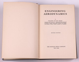 DIEHL, Walter Stuart.  Engineering Aerodynamics.  New York: The Ronald Press Company.  8vo, 556pp.  Original green cloth, gilt lettered spine.  Some rubbing to corners and edges of the spine.  Fourth Printing, July 1940.  Initialled B.N.W. April 1941 