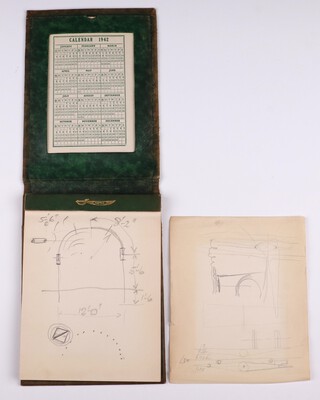 A 1942 A5 calendar notepad by Napier bound in marbled green calf initialled in gilt B.N.W, half empty with top sheet having pencilled diagrams of what appears to be a tunnel (or support structure of Italian dams) with dimensions having a round object following a dotted curve.  One other loose sheet having technical drawing of and circular diagrams 