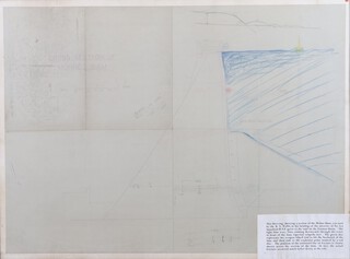 A pair of cross section plans of the Mohne Dam to illustrate the intended path of the Upkeep mine stencilled "CROSS SECTION OF THE MOHNE DAM" and "CROSS SECTION OF THE UPPER PART OF THE DAM". 

The main dam plan displaying a blue mine against the dam freeboard and another example of the red mine further down at 30 metre depth (the detonation point).  The water has been added with a cumbersome blue crayon/pencil, the torpedo nets indicated by a yellow crayon buoy.  At the top of the plan is a pencilled skimming bounce motion and there are pencilled formulae to the centre of the plan.  A label bottom right stating Dr. Barnes Wallis used the plan to brief 617 Squadron on the night of the raid.  Plan framed 83cm h x 109cm w (unframed x 73cm h x 100.5cm)   

The upper dam plan details a close up view of the mine striking the freeboard of the dam, the water side in coloured blue crayon, and then another depiction of a red mine at 30 metres depth - a light red pencil indicates 'detonation depth'.  Plan framed 82cm h x 94cm w, (73cm h x 84.5cm w unframed)

Both plans label to verso "loaned to RAF Museum by Sir Barnes Wallis" together with RAF stock label circa 1971.