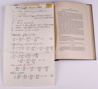 Modern Developments in Fluid Dynamics Volume II.  Oxford: Clarendon Press 1943.  Lg. 8vo, 702pp.  Original blue cloth, gilt lettered spine.  On page 601 is a taped folded handwritten page detailing notes and formulae titled "Heat Transfer, Laminar Motion".  Fading to spine and cover, minor rubbing to corners and edges of spine.  