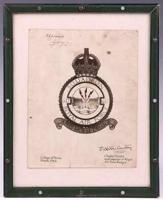 Barnes Wallis' facsimile copy of the 617 Squadron Grant of Arms granted in March 1944.  The badge symbolises the successful attack on the dams in May 1943 with the lightning flashes symbolising the three dams attacked.  The French motto "Apres Moi Le Deluge" translating as "After me the flood".  The paper is creased and stained and framed in a contemporary 1940's perspex frame with green border 18cm h x 15cm w
