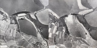 Two black and white oak framed aerial photographic prints of the Mohne Dam before and after the Operation Chastise 'Dam Busters' strike on May 16th 1943, the post strike photograph signed by surviving members of 617 Squadron also ground crew and admin staff, notably Wg Cdr Guy Gibson V.C DSO DFC whose signature is direct centre over the water rushing through the breach in the dam. 105cm h x 105cm w (89.5cm h x 89.5cm w unframed)

