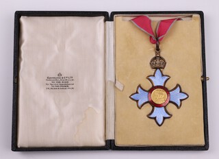 A Commander Of The Most Excellent Order of The British Empire, Civil Division silver gilt neck badge, 2nd Type, with original ribbon, by Garrard and Co Ltd, awarded to Sir Barnes Wallis in 1943, contained in original black fitted case with gilt lettering.