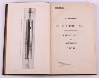 MASTERSON Commander E. A. R.N. Handbook on Rigid Airship No. 1 Parts I & II and Appendix 1913. Admiralty S Branch S.0281/13. 8vo., 213pp.  Bound in blue tooled cloth, gilt title to spine, gilt "No.79" to top right front board. Fading to spine and cover, rubbing to corners and edges of spine   Photos, diagrams and fold out coloured plates throughout.  Signed to pastedown B.N. Wallis 1915 and with signature G Landey? 