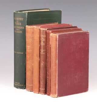 A collection of Sir Barnes Wallis' school books (6vols.) to include LACHLAN, R and FLETCHER, W. C.  Elements of Trigonometry, London: Edward Arnold, 1904, 12mo, 164pp. Original brown cloth with  black lettered spine.  Rubbing to corners and edges of spine.  Second impression.  The first blank page with pencil written equations.  Signed B.N. Wallis. 	COCKSHOTT, Arthur and WALTERS, F. B. Rev.  A Treatise on Geometrical Conics. London: Macmillan and Co. Limited 1902.  12mo, 208pp.  Original burgundy cloth bound with gilt lettered spine. Fading to spine and cover, rubbing to corners and edges of spine.  Second Edition 1902.    Signed B.N. Wallis and also signed J.C. Murray The University Birmingham 1903.    HALL, H.S. and  KNIGHT, S. R.  Higher Algebra A Sequel to Elementary Algebra for Schools.  London: Macmillan and Co., Limited 1903. 12mo, 557pp.  Original burgundy cloth bound with gilt lettered spine. Fading to spine and cover, rubbing to corners and edges of spine.  Fourth Edition.  	BUDDEN E. Elementary Pure Geometry With Mensuration.  A Complete Course of Geometry for Schools.  London: W. & R. Chambers, Limited 1904.  12mo, 284pp.  Original burgundy cloth bound with gilt lettered spine.  Fading to spine and cover, rubbing to corners and edges of spine, severe staining to pastedown and endpaper and back pages, some foxing. Signed B.N. Wallis.   HALL, H. S. and KNIGHT, S. R.  Elementary Algebra for Schools. London: Macmillan and Co., Limited 1902.  12mo, 392 pp. Original maroon cloth, faded gilt lettered spine, fading to spine and cover, rubbing to corners and edges of spine.  Seventh Edition. Signed B.N. Wallis.   SALMON, George, A Treatise on the Analytic Geometry of Three Dimensions.  Dublin: Hodges, Figgis, & Co., 1882.  8vo, 612pp.  Original green cloth, gilt lettered spine, rubbing to corners and edges of spine.  Fourth edition.  