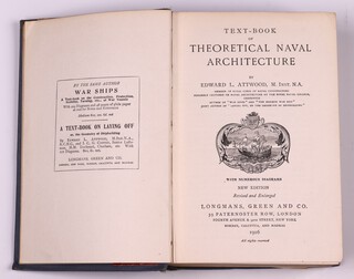 ATTWOOD, Edward L.  Text-Book of Theoretical Naval Architecture.  London: Longmans, Green and Co. 1916.  12mo, 494pp. Original blue cloth with with gilt lettered spine.  Fading to spine and cover, minor rubbing to corners and edges of spine, torn library label stuck to front cover, some pages within the book with anomalies and stains to inner pages.   Loose folded diagram to the back of the book.   New Edition July 1916.   
