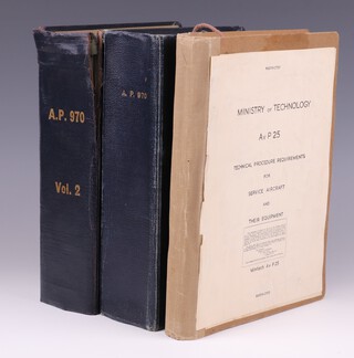 A collection of 3 binders of Restricted Information including Ministry of Aircraft Production Design Requirements for Aeroplanes in 2 binders Air Publication 970, dated November 1946, Vol 1 with pastedown taped in copy letter dated 1st. November 1946, both volumes with taped in Note to Readers and 1 binder Ministry of Technology Technical Procedural Requirements of Service Aircraft and Their Equipment dated March 1949