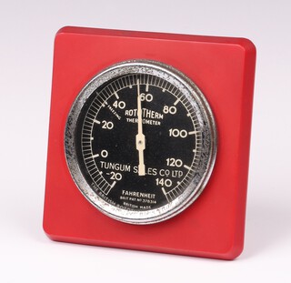 A Rototherm Thermometer with black dial marked Tungum Sales Co. Ltd. Fahrenheit British Patent No. 378314, contained in a red Bakelite case  8.5cm x 8.5cm.  