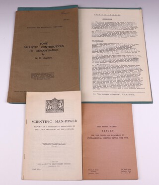 A collection of 7 post-war pamphlets and a document including:- Some Ballistic Contributions to Aerodynamics (initialled B.N.W. to paper cover) 1947, Scientific Man-Power 1946, Report on The Needs of Research in Fundamental Science After the War 1945, 61pp., signed B.N. Wallis to endpaper, The Quarterly Journal of Mechanics and Applied Mathematics Vol II Part 1 March 1949, initialled B.N.W. to paper cover, The Institution of Electrical Engineers initialled B.N.W. to paper cover, Smith Maxwell and O'Farrell M, Aviation fuel, 1954 initialled B.N.W. to paper cover, together with a typed document "Post-War Aviation" (undated with maps)