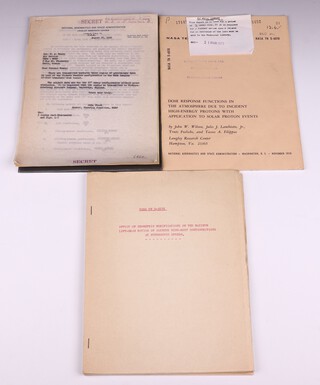 Three NASA documents, the first marked Secret No.2 of 5 Copies, dated August 27th 1959 with cover letter to Colonel Romig concerning transmission of three copies of attached data, regarding the test of the Vickers Swallow configuration in The NASA Langley 16ft transonic wind tunnel, dated August 27,1959, 4to,  together with another report NASA TN D-3276 (not secret) "Effect of Geometric Modifications on the Maximum Lift Drag Ratios of Slender Wing-body Configurations at Hypersonic Speeds", 4to, 59pp., and NASA TN D-6010 "Dose Response Functions in the Atmosphere Due to Incident High-Energy Protons With Application to Solar Proton Events, Washington D.C. 1970 4to, 31pp. 