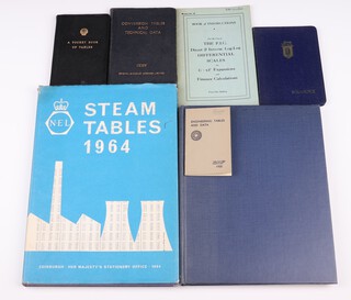 7 vols.   Engineering and conversion table volumes to include Engineering Tables and Data 32pp. (small booklet pencilled B.N.W to cover).   NEL Steam Tables 1964, Edinburgh: Her Majesty's Stationery Office 1964, 4to, 146pp.  The endpaper signed B.N. Wallis with taped in note paper pencilled formulae and taped in printed correction slip, also with loose printed supplement and taped in printed conversion Table 8 to the back.   Conversion Tables And Technical Data 1962 by Bristol Siddeley 12mo, 128pp. (dedication inside "With best wishes from R illegible?").  A Pocket Book of Tables by Shell (dedication inside To B.N.W. from P.L.T.) 1956 12mo, 255pp.   Rolls Royce Conversion tables circa 1950 12mo, 97pp.   A booklet Direct & Inverse Log-Log Differential scales, signed to cover B.N. Wallis and A Selection of Tables for use in Calculations of Compressible Airflow 1952, 4to, 143pp. 