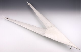 A white wooden 1/27th scale demonstration model of the Type 002 Vickers Swallow supersonic wing-controlled aerodyne, with moveable swing wings, together with a wooden transport case, 6cm high x 108cm wide at full spread 43cm long, when closed 39cm x 93cm long