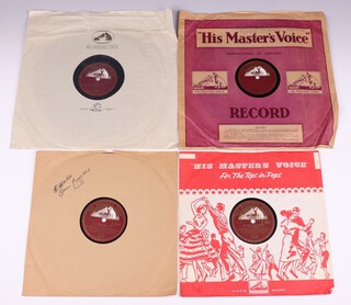 Four H.M.V. Shellac records of "The Dam Busters" March, B10877 matrix OEA-18296-3A, all with different sleeves, one with pencil "I'll be at the Bus stop at four", another with pen "E Wallis Dam Busters"