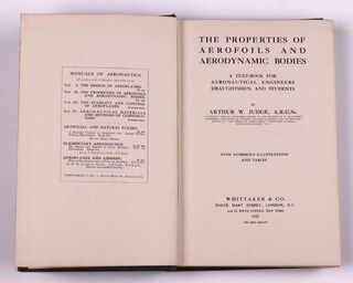JUDGE, Arthur W. The Properties of Aerofoils and Aerodynamic Bodies. London: Whittaker & Co 1917. 8vo, 298pp.  Original blue cloth, gilt-lettered spine.  Some fading to spine, minor rubbing to corners, occasional light foxing with folding diagrams.  Signed B.N. Wallis 

Some written pen notes page 6
