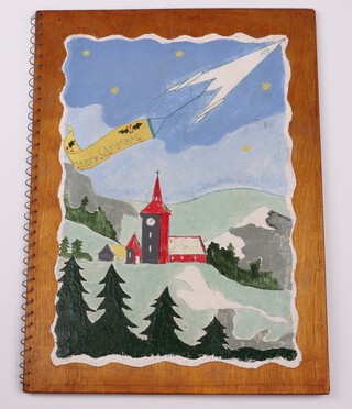 A 1959 painted plywood Christmas card, the front with painted panel, decorated a church and The Swallow, the interior marked "Seasonal Greetings to Dr B.N. Wallis from the Workshop Staff Dec: 1959, R. & D. Workshop" and hand signed by them, 30cm x 22cm 