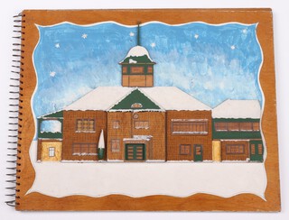 A 1960 painted plywood and applied wood 3 dimensional Christmas card decorated The Brooklands Club House, interior marked "Best wishes to Dr Barnes Wallis for a Happy Christmas and Prosperous New Year 1960, from Workshop Personnel" and hand signed by them 20.5cm x 25cm 