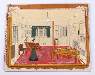 A 1961 painted plywood and applied wood 3 dimensional Christmas card, showing the interior of Barnes Wallis office - draughtsman's table, library table, various books and paintings 23cm x 28cm and marked "1961, A Merry Christmas, A Happy New Year, In This Our Wish We Are Sincere, to Dr Barnes Wallis, Long life And Happiness, From The Workshop Staff" and hand signed by them 23cm x 28cm 
