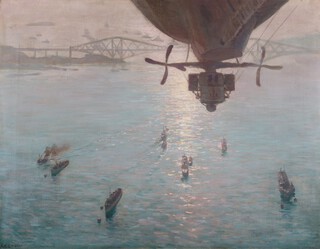 Alfred Egerton Cooper R.B.A. (British, 1883-1974) The Firth of Forth with the British Fleet from HMA 9 Airship, oil on canvas, circa 1916, signed recto, Bourlet labels verso, 69m h x 89cm w, within a painted wood frame. Provenance: Sir Barnes Wallis thence by descent. Exhibited: possibly "Airships in Peace and War" Prince's Gallery, Knightsbridge, September 1919. Note: The R.9 was the first airship on which Barnes Wallis worked, serving as an assistant at Vickers under Chief Designer H. B. Pratt, and was the first British rigid airship to fly. Alfred Egerton Cooper and Wallis were close friends from their time together in the Artists Rifles, a connection that lends particular resonance to this work. This painting may be among the earliest works executed in flight, or developed from sketches made in the air, and was very likely painted during the same flight as the photograph "An aerial view of a portion of the Grand Fleet at anchor in the Firth of Forth, taken from the British Airship R.9" (Imperial War Museum, cat. no. Q 20633). The painting is prominently displayed on the wall of Barnes Wallis's office in the 1955 film "The Dam Busters", widely regarded as one of the best-known and most beloved British war films of the post-Second World War era.