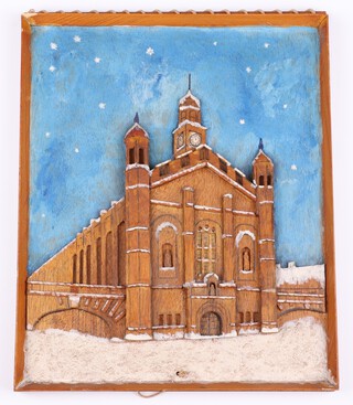 A 1962 painted plywood and applied wood 3 dimensional Christmas card, The Chapel of Christ's Hospital Horsham, interior marked "A Merry Xmas and Happy New Year to Dr Barnes Wallis 1962, R & D Staff" and hand signed by them 28cm x 23cm 