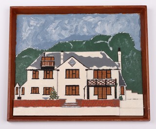 A 1963 painted plywood and applied wood 3 dimensional Christmas card decorated White Hill House Effingham, the interior marked "1963 Wishing you a Bright and Merry Christmas and A Happy New Year, from Personnel of R & D 1963" and hand signed by them 19cm x 23cm