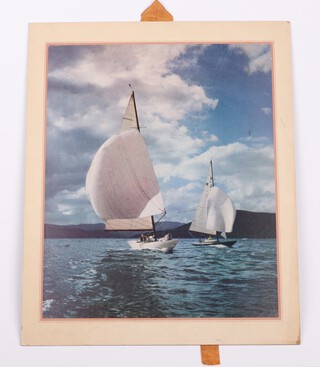 An undated Christmas card, the front with coloured print after Ian Gilchrist of The Yacht Medici print "Spinnakers Full", the reverse marked "With all good wishes to you and Mrs Wallis for a Very Happy Xmas and New Year, from all at R & D" and hand signed by them 22cm x 17cm 