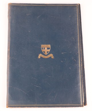 A 1960's blue leather bound folio with gilt Christ's Hospital armorial to cover, containing unused blotting paper, 35cm h x 25cm w.   Sir Wallis was a pupil at Christ's Hospital from 1900-1904 and later a Governor and Treasurer.