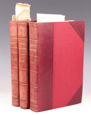 Three volumes of Sir Barnes Wallis' patents from 1917-1963, text and fold out schematics, 4to, bound in three-quarter red morocco and cloth, the spines with gilt lettering "PATENT SPECIFICATIONS VOL 1, 2 and 3". Pencil dedication to endpaper in volume 1 "B.N.W A memento of an American adventure Oct. 1948. Harry Mushlain".  Wallis' bookmarks throughout vol. 1 and 3.