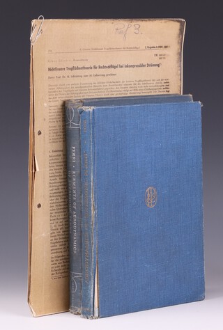 2 vols. FERRI, Antonio, Elements of Aerodynamics of Supersonic Flows, New York: Macmillan 1949, 8vo, 433 pp, bound in contemporary blue cloth, silver lettering, fold out chart within an envelope on back board, Vickers-Armstrongs stamp to title and Barnes Wallis handwritten note "received 14.vi.49" to title page.   POPE, Alan.  Aerodynamics of Supersonic Flight an Introduction, London: Pitman Publishing Corp. 1950, 8vo, 184pp, bound in blue and gilt cloth, (spine in poor condition), Vickers-Armstrongs stamp to title page, together with a facsimile of a German article on wing design dated 1957