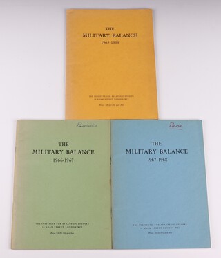 3 pamphlets of The Military Balance by the Institute for Strategic Studies 1965-66, 1966-67 signed B.N. Wallis to cover and 1967-68 initialled B.N.W. to cover