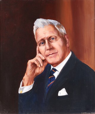 C. W. Glover (active 1950-1968). Half Length Portrait of Sir Barnes Wallis wearing a navy jacket, white shirt and Christ's Hospital School tie, oil on canvas, signed and dated 1968, 66cm x 56cm, within a gilt composition frame. Provenance: Sir Barnes Wallis thence by descent. Note: Sir Barnes Wallis was educated at Christ's Hospital between 1900 and 1904, and he retained a close and enduring connection with the school throughout his life. His affection for the institution was demonstrated in a remarkable act of generosity: he donated the 10,000 pound award he received from the Royal Commission on Awards to Inventors in recognition of his wartime work. Wallis directed the entire sum to Christ's Hospital to assist the children of those who had served in the Royal Air Force. In partnership with the RAF Benevolent Fund, which matched his gift, a dedicated trust was established to administer the award. Since its foundation in 1952, the Trust has supported more than 150 pupils. Each beneficiary has worn the distinctive Foundationers' badge, specially designed by Wallis himself. This work has been on loan with the Royal Air Force Museum for over 28 years.		
