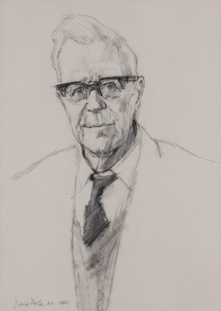 **David Poole A.R.C.A. (b.1931) - Portrait of Barnes Wallis, pencil with charcoal, signed and dated 1968, 46cm x 33cm, within a painted wood frame. ** Artist's Re-sale Rights may be payable on this lot. Provenance: Sir Barnes Wallis thence by descent.