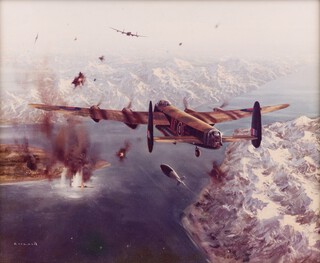 Gerald Coulson (1926-2021) "The Sinking of the Tirpitz", 20th century colour print, 23cm h x 28cm w, within a stained wood frame.  Provenance: Sir Barnes Wallis thence by descent.	
