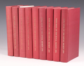 Nine 1970's volumes of Year Book of The Royal Society - 1970, 71, 72, 73, 75, 76, 77, 78, 79, red cloth bound with gilt lettered spines
